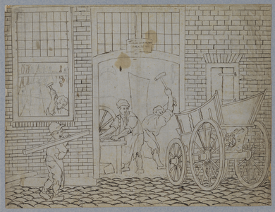 28767 Afbeelding van de buitenmuur en de werkplaats van de wagenmakerij van M. van Olden aan de Vleutenseweg te Utrecht.